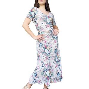 Vintage Pink Floral Toile Cottagecore 
Print Bias Cut Short Sleeve Maxi Dress M